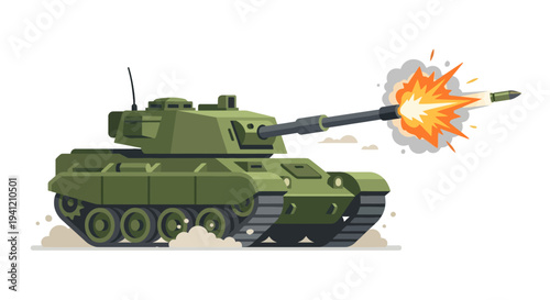 Military tank firing projectile in a desert landscape illustration