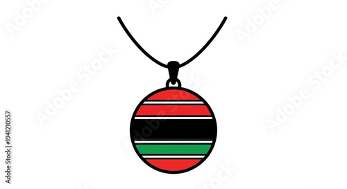 Striking graphic illustration of a pan-african striped circular pendant necklace design on a white