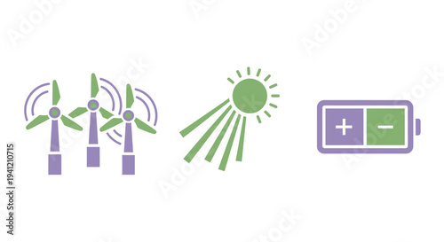 Renewable Energy Sources Icons - Wind Solar Battery.