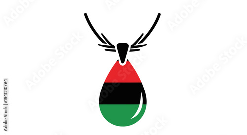 Stylized droplet pendant featuring vibrant red black green stripes representing unity and heritage
