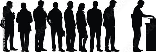 Queue silhouette illustration, people waiting in line, service counter interaction, social order, public behavior, patience, community, organization, discipline