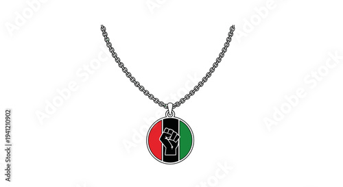 Meaningful accessory featuring a raised fist design on a circular pendant with red, black, and