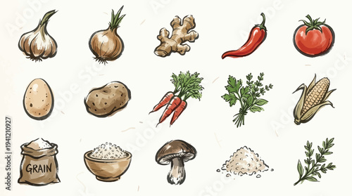 A collection of fresh ingredients including vegetables, grains, and spices, artfully illustrated.