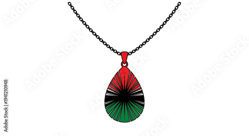 Stylish jewelry piece featuring a vibrant red black and green segmented teardrop pendant design