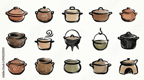 A collection of various hand-drawn illustrations of pots and cooking vessels, showcasing different shapes and materials.