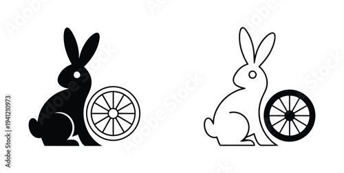 Black and white bunny with bicycle wheel, vector illustration, minimalist design Vector. Minimalistic rabbit icons with wheel for design projects and branding. 