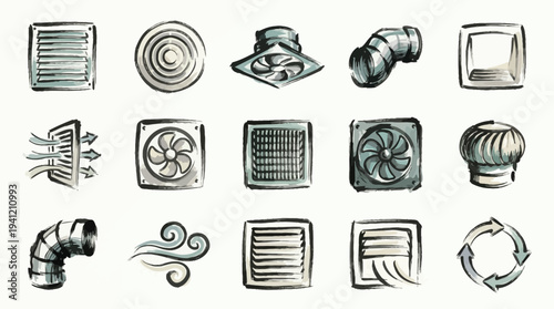 Collection of hand-drawn icons representing various ventilation and air movement components, including grilles, fans, ducts, and airflow symbols.