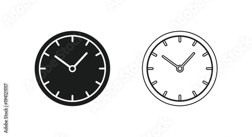Two simple analog clocks one black and one white showing different times