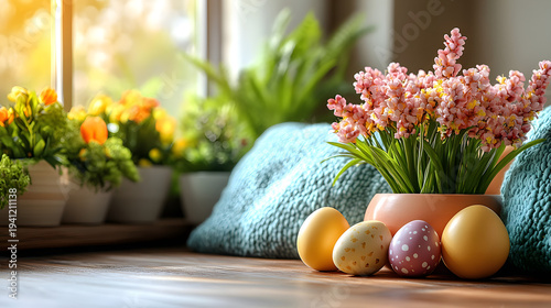 Spring flowers and Easter eggs arranged on a table with plants in sunlight near a window in a bright indoor setting