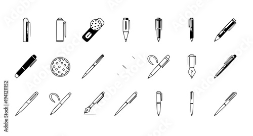 Office ball pen icons vector set in flat and outline style writing tool illustration