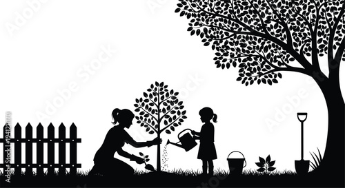 Silhouette of woman planting tree with child watering, gardening family outdoor vector illustration, environmental care teamwork design, flavector