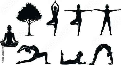 Silhouette yoga poses with tree symbol, meditation, stretching, fitness, relaxation, spiritual practice, wellness lifestyle vector illustration – flavector