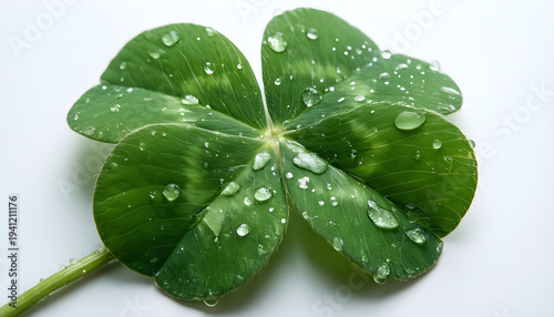 Close-up of a vibrant green four-leaf clover covered in glistening water droplets on a white background