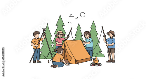 A collaborative group of five cartoon people are diligently setting up an orange tent in a forest clearing with pine trees, Generative AI.