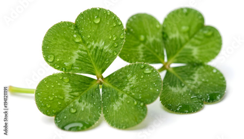 Two vibrant green clover leaves with water droplets glistening on their surface