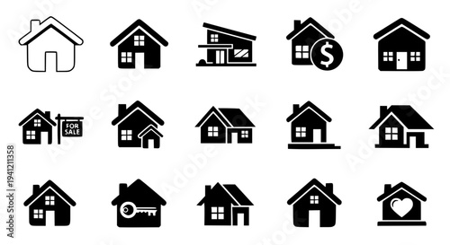 Houses icon set with various styles and symbols for real estate and home concepts featuring house, property, collection