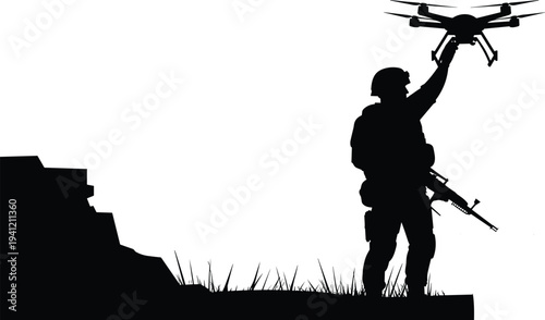 Soldier drone silhouette illustration, military technology, modern defense, reconnaissance operation, armed forces, surveillance, tactical warfare, combat readiness, vigilance