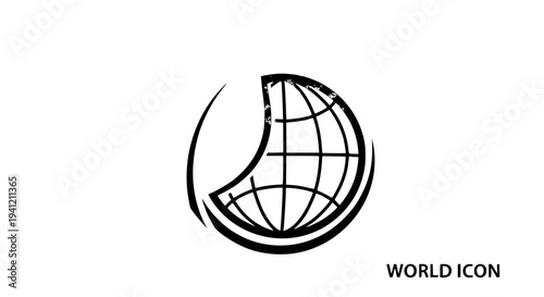 World icon with grid lines and partial shadow effect featuring globe, earth, map with geography and travel elements for