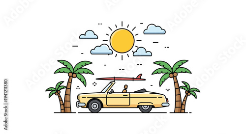 A yellow convertible car with a red surfboard on its roof travels between tropical palm trees under a bright sun and clouds, Generative AI.