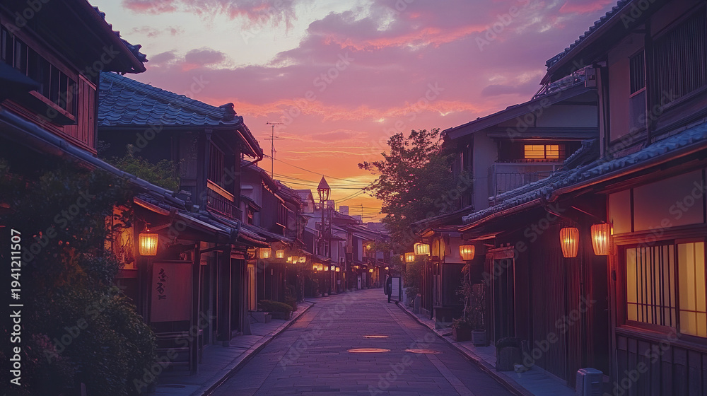 Fototapeta premium Traditional Japanese street at sunset with warm glowing lanterns and wooden houses under colorful sky, creating peaceful and nostalgic atmosphere