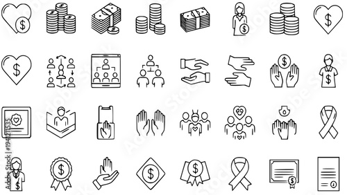 Charity donation icons set collection vector illustration graphic design elements on a white background for fundraising campaigns