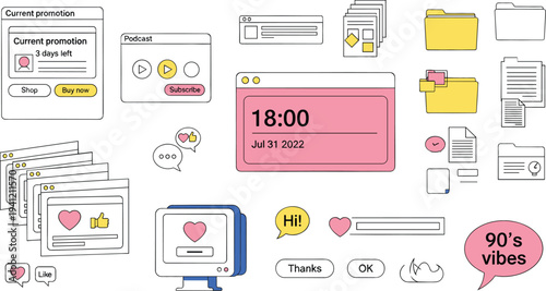 Retro 90s User Interface Vector Set with Desktop Windows, Folders, Notifications and Vintage Computer UI Elements