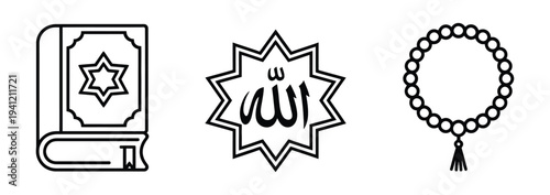 Set of Islamic symbols featuring Quran, Allah calligraphy, and rosary beads