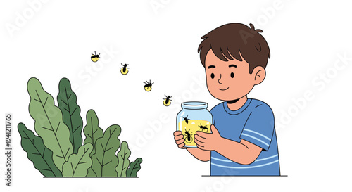 A happy young boy is holding a glass jar filled with captured fireflies while other glowing insects fly around a green bush on a white background, Generative AI.