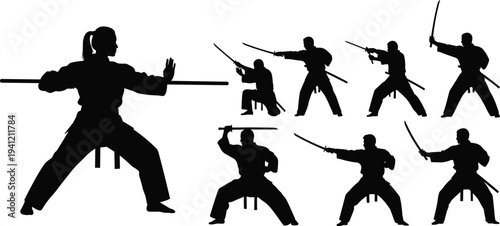 Samurai, warrior, silhouettes, katana, sword, martial, arts, fighter, combat, training, japan, traditional, vector, illustration, collection, samurai, warrior, design, action, concept