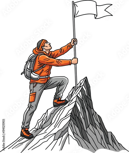Brave mountaineer plants a white flag on a rocky mountain peak representing personal achievement, conquering challenges, and celebrating ultimate success.