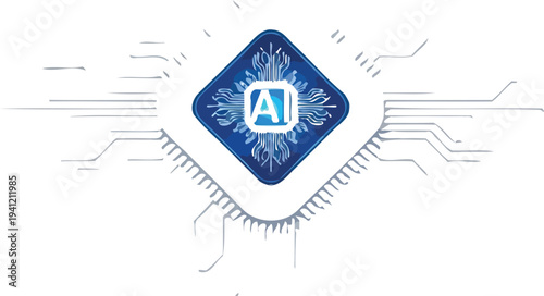 An artificial intelligence microchip illustration featuring advanced computing technology and complex neural network circuitry for modern digital innovation.