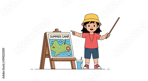 A cute cartoon child in a yellow bucket hat points enthusiastically at a Summer Camp map on a wooden easel holding a stick, Generative AI.