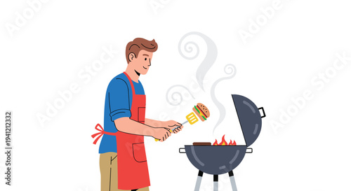 A smiling man in a blue t-shirt and red apron grills hamburgers on a charcoal grill with rising smoke, Generative AI.