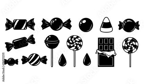 Halloween candy silhouette vector set sweet treats and candy icons isolated on white background