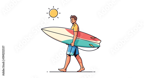 A man carrying a colorful red and teal surfboard walks barefoot on a beach with a small yellow sun shining in the upper left corner, Generative AI.