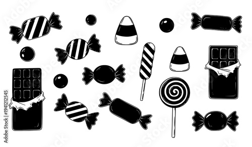 Halloween candy silhouette vector illustration collection spooky sweets and treats isolated on white background