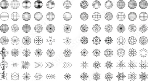 Abstract Geometric Circular Patterns Vector Set with Radial Shapes, Mandala Grids and Decorative Line Design Elements