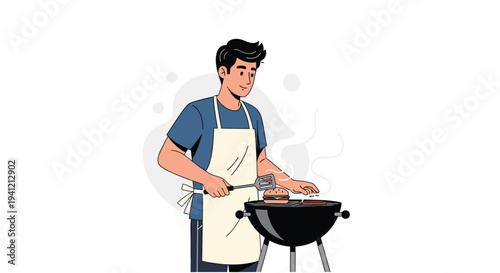A confident man in a blue t-shirt and white apron grills a hamburger on a charcoal grill with a spatula, Generative AI.