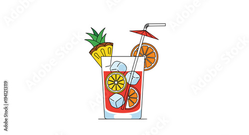 A refreshing red cocktail garnished with pineapple orange slices ice cubes a straw and a small umbrella is served in a tall glass on a white surface, Generative AI.