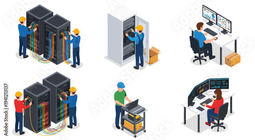 IT infrastructure maintenance vector illustration depicting server room setup, network cable management, and data center operations