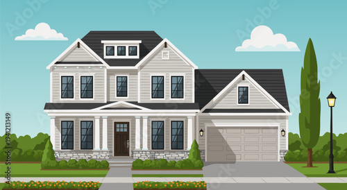 A Detailed Architectural Vector Illustration of a Suburban Family Home with Attached Garage and Landscaping
