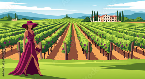 Elegant vector illustration of a woman in a beautiful dress in a Tuscan vineyard with a villa, evoking lifestyle and travel