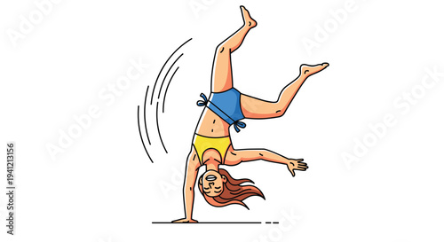 A joyful young woman wearing a yellow bikini top and blue shorts is actively performing a cartwheel against a clean uncluttered white background, Generative AI.