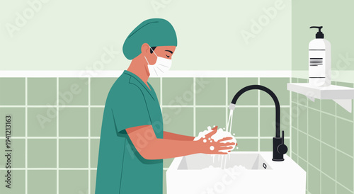 Medical Personnel Washing Hands Hygiene Vector Illustration for Healthcare and Cleanliness