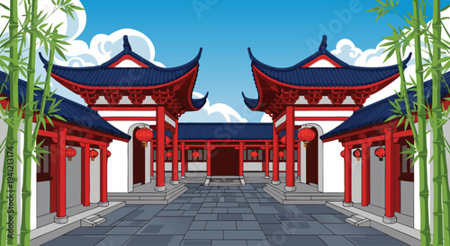 Vibrant Vector Illustration of a Traditional Chinese Courtyard with Bamboo and Red Lanterns, Architectural Design