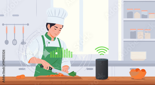 Smart Kitchen Technology Chef using a Smart Speaker for Cooking Assistance - Vector Illustration