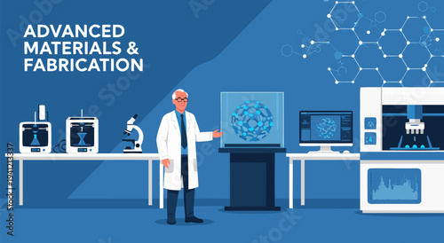 Vector illustration of a scientist in a lab demonstrating advanced materials and fabrication with 3D printers and a digital display