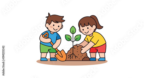 A cheerful cartoon boy and girl are diligently planting a small green seedling with a shovel and their hands in a mound of brown soil, Generative AI.
