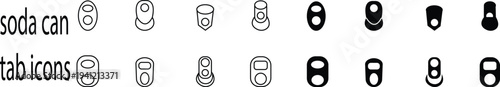 Modern soda can tab icon set, vector aluminum pull tab from a soda or beverage can, open tab close-up. harmonious logo variations of the same emblematic concept, drink packaging and refreshment symbol