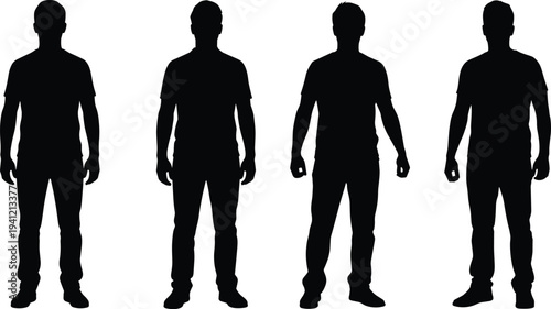 Standing man silhouettes collection, male human figures front view poses, casual people vector illustration isolated black design set